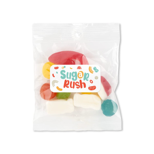 A cello bag filled with assorted jelly candies in various colors, including red, yellow, green, and blue.
