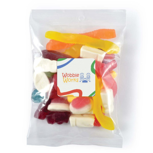 Assorted jelly lollies in a clear 180g cello bag, featuring vibrant colours including yellow, red, and green.