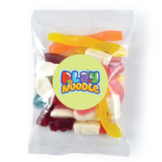 A clear cello bag filled with assorted jelly lollies, featuring various bright colours and shapes.