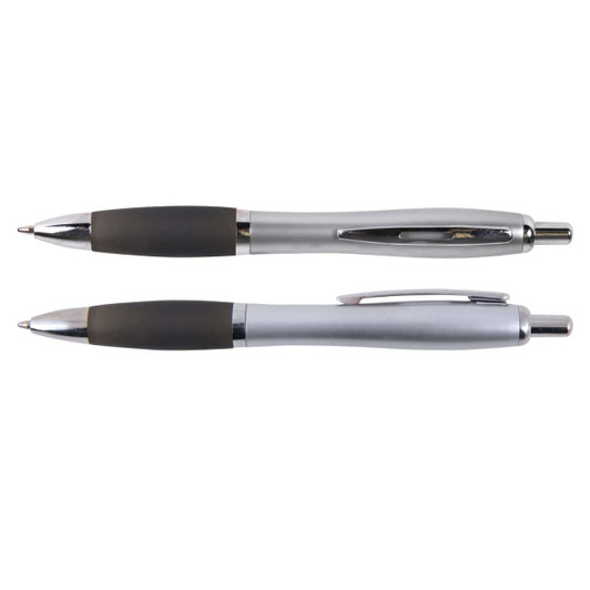 A metal pen set in silver, featuring black rubber grips and a sleek design, with a logo on each pen.