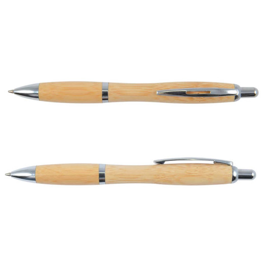 A bamboo pen with silver accents, featuring a sleek design and a chrome clip. It has a branding logo.