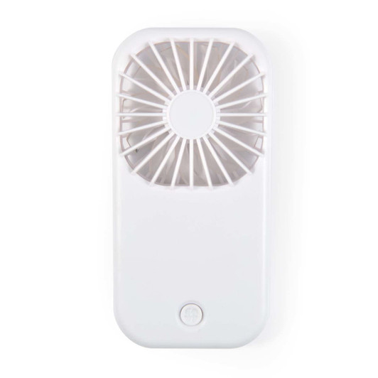 A portable Sirocco Fan in white, featuring a circular fan grille and a sleek rectangular body.
