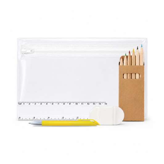 A clear pencil case containing eight coloured pencils, a ruler, an eraser, and a yellow pen. The case features a zip closure.