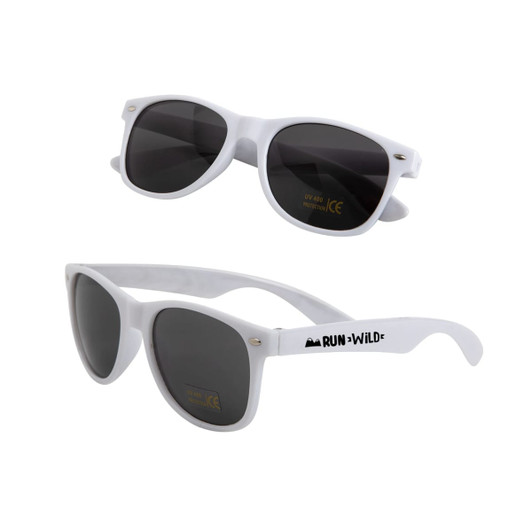 White sunglasses with dark lenses, featuring a logo on the arm, displayed from two angles.
