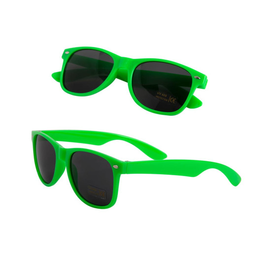 Green sunglasses with dark lenses, featuring a stylish design and a branded logo.