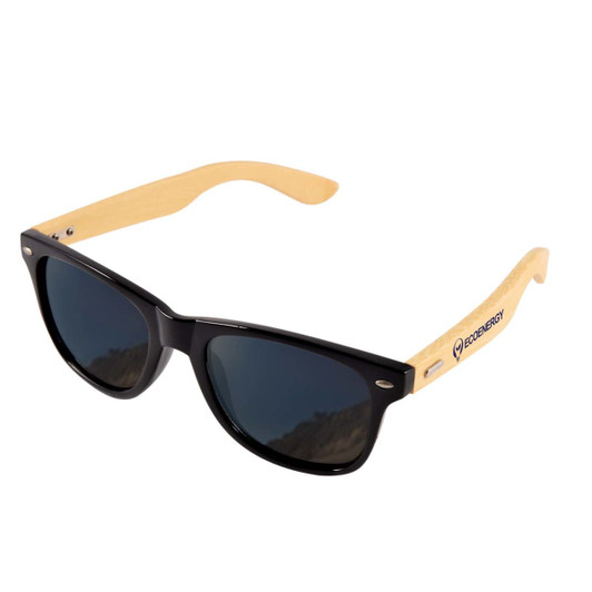 Bamboo sunglasses featuring a black front and natural bamboo arms, designed for leisure and outdoor use.