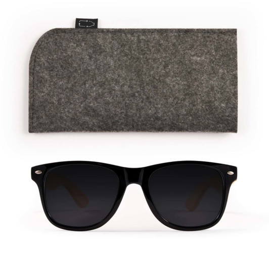 A pair of black sunglasses with dark lenses, accompanied by a gray felt case.