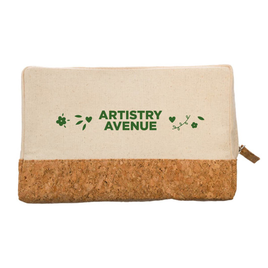 A utility case in natural canvas and cork, featuring a green logo and botanical designs.