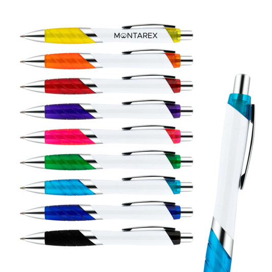A collection of ten plastic pens in white, featuring vibrant rubber grips in various colours and silver accents.