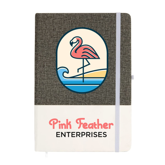 A grey and cream A5 notebook with a decorative flamingo design and a branded logo.