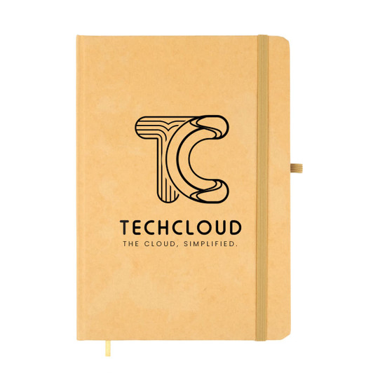 A Venture A5 Natura Notebook with a kraft cover featuring the TechCloud logo and tagline "THE CLOUD, SIMPLIFIED."