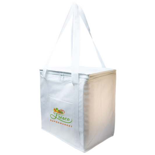 A white cooler bag with a zip closure and an exterior pocket. Includes a logo on the front.