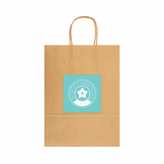 A large brown paper bag with a light blue logo in the centre and handles.