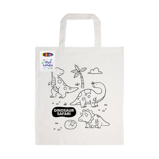 A natural cotton tote bag featuring dinosaur illustrations and a logo, accompanied by colouring crayons.