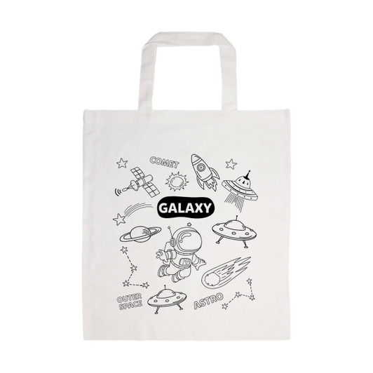 A white cotton tote bag featuring a space-themed design with rockets, UFOs, and an astronaut, including a logo.