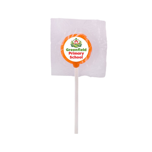 An orange lollipop on a white stick, wrapped in clear plastic, with a logo on the top.