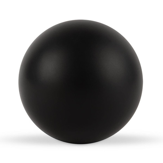 A round black stress ball designed for fun and stress relief, featuring a smooth, matte finish.
