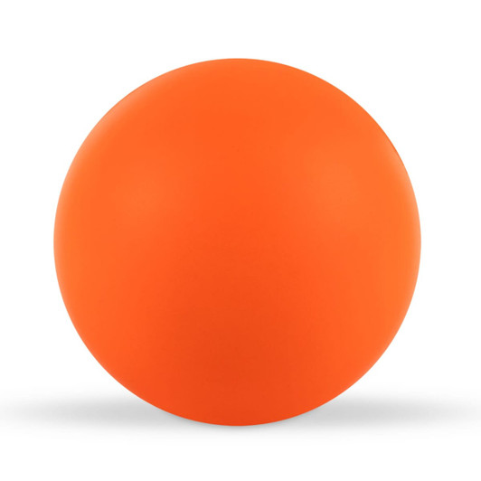 An orange round stress ball, featuring a smooth surface and a solid color design.