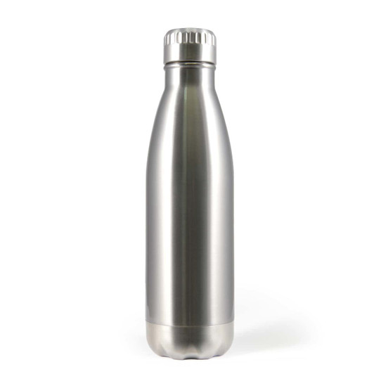A drink bottle with a sleek silver stainless steel design and a screw-on lid. It features a branding logo.