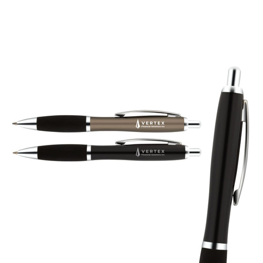 A set of metal pens in black and bronze with chrome accents and branding.