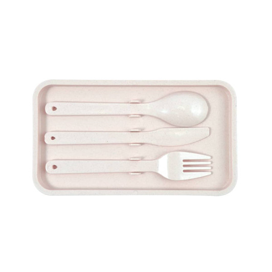 A set of four eco-friendly utensils in a pale pink tray, including a spoon, knife, fork, and a spork.