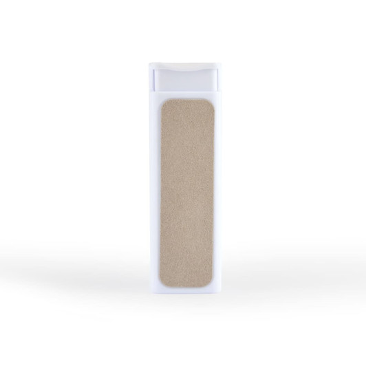 A white spray bottle with a beige cleaning cloth section on the front, designed for screen cleaning.