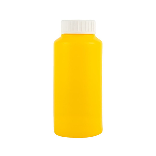 A drink bottle in a vibrant yellow color with a white screw-on lid.