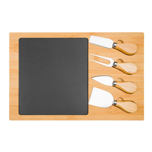 A bamboo cheese board with a slate section and four stainless steel knives with wooden handles.