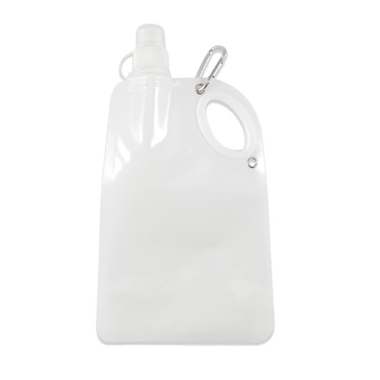 A drink bottle in clear plastic with a carabiner clip and a wide opening for easy filling and carrying.