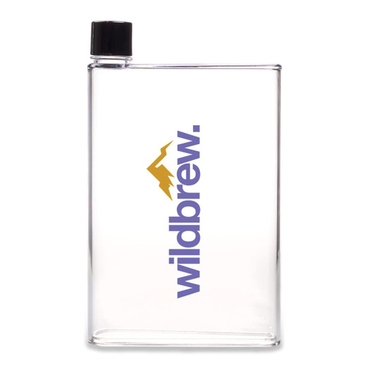 A drink bottle in clear plastic with a black lid and a logo featuring mountains in yellow and text in purple.