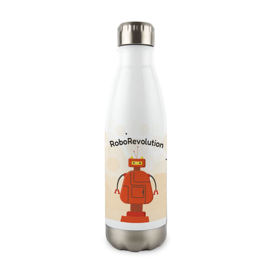 A drink bottle with a sleek stainless steel design featuring a playful robot graphic and the text "RoboRevolution."