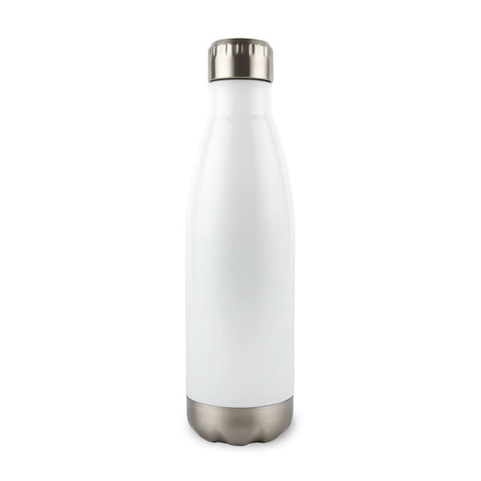 A drink bottle with a sleek white body and a stainless steel bottom, featuring a metallic cap.