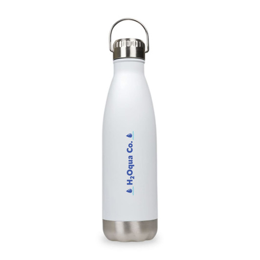 A drink bottle in white with a stainless steel bottom and a hanger lid, featuring a logo.