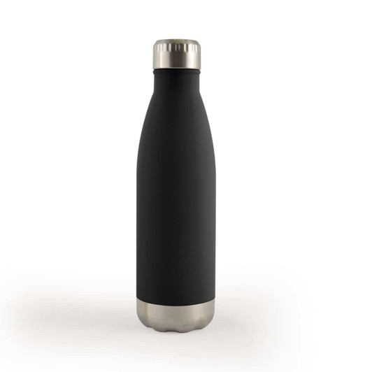 A drink bottle with a sleek black exterior and a stainless steel base, designed for vacuum insulation.