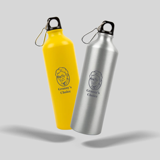 A drink bottle set featuring a yellow aluminum bottle and a silver aluminum bottle, both with a logo.