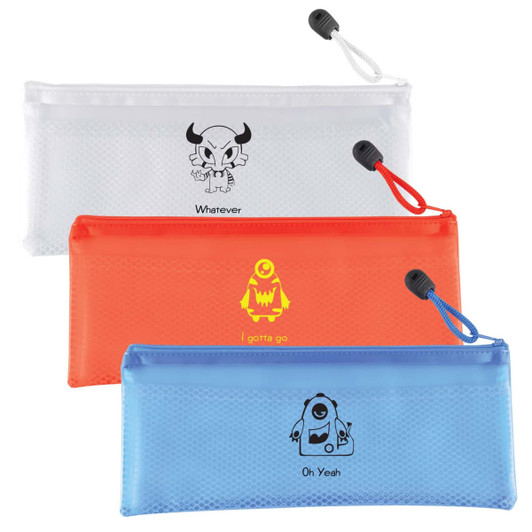 Three zippered pencil cases in white, orange, and blue, each with a cartoon character design and a branding logo.