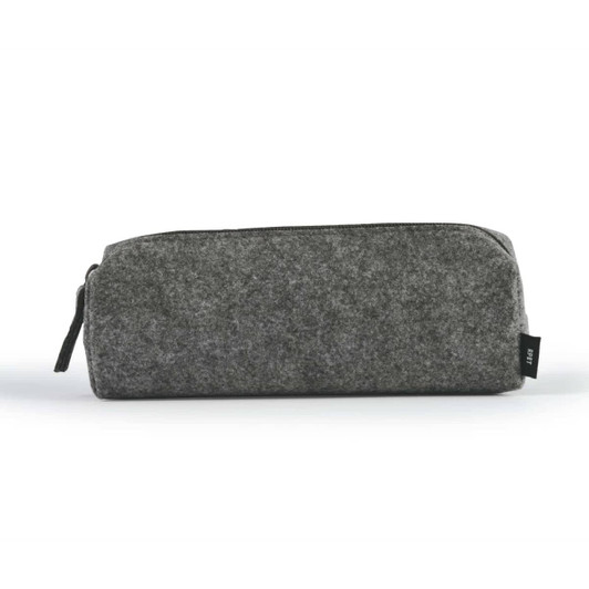 A gray felt utility case with a zipper and branding on the side.
