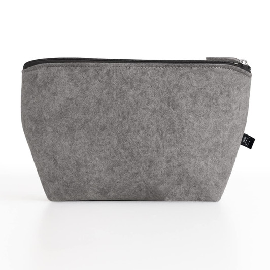 A grey felt pouch with a zipper, featuring a logo. Ideal for storing toiletries and accessories.