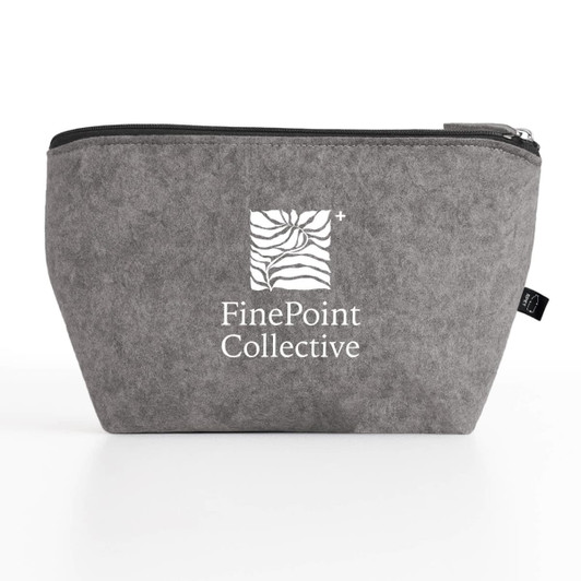 A grey cosmetic pack featuring a branding logo, with a structured design and zip closure.