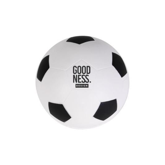 A white soccer ball stress reliever featuring black pentagon patches and a logo on one side.