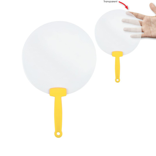 A transparent fan with a yellow handle, featuring a circular design and a small size for easy handling.