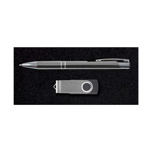 A silver pen and a metallic USB drive presented on a black background, part of the Bellman Gift Set.