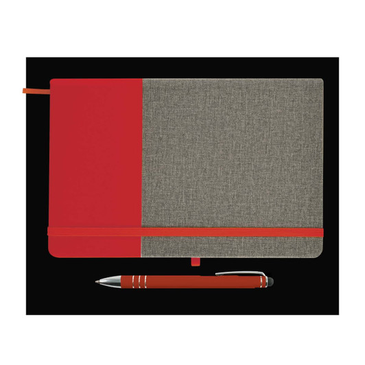 A notebook with a red and gray cover and an elastic band, accompanied by a matching red pen.