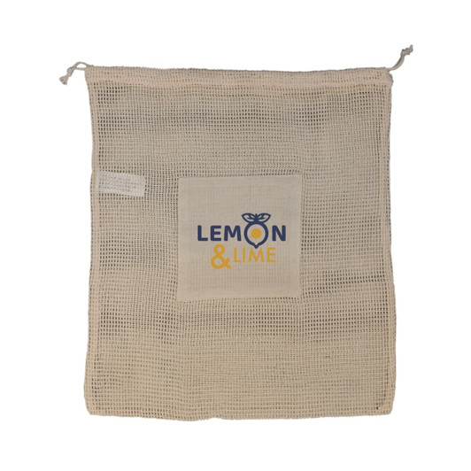 A natural-coloured mesh bag featuring a logo and a square patch with text.