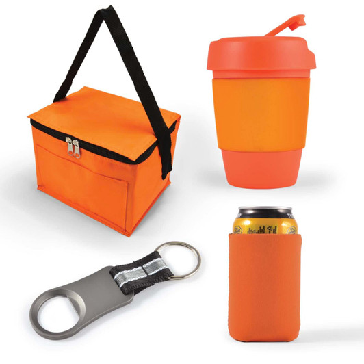 A cooler bag in vibrant orange, a matching insulated drink cup with a lid, a metallic bottle opener, and a can cooler.