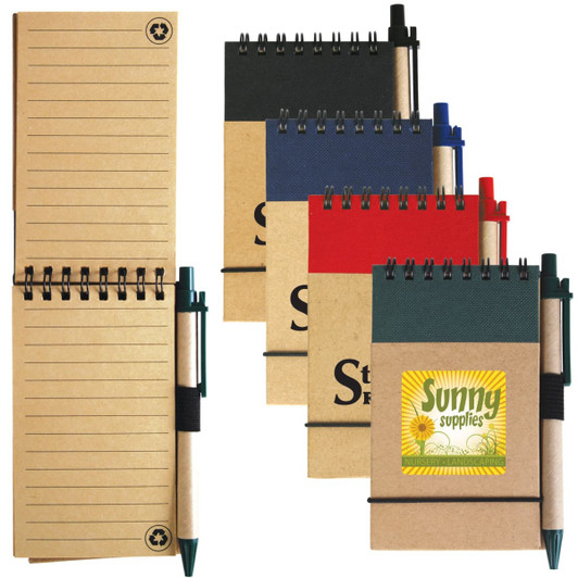 A set of cardboard notebooks in various colors with pens attached, featuring spiral binding and lined pages.