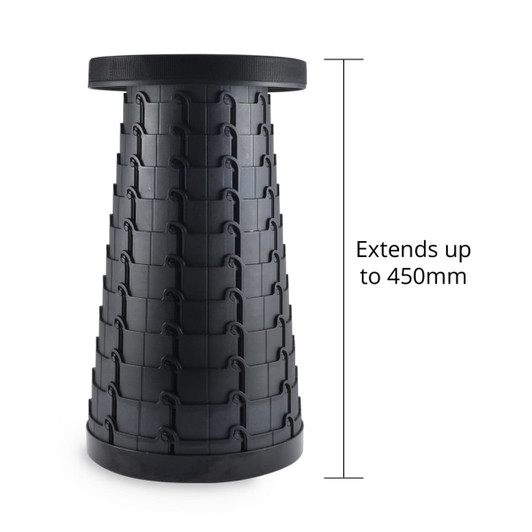 A black telescopic stool with a patterned exterior, extending up to 450mm in height. It features a circular top.