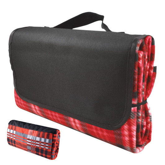 A red and black checkered picnic blanket, folded and secured with a strap, featuring a black carrying handle.
