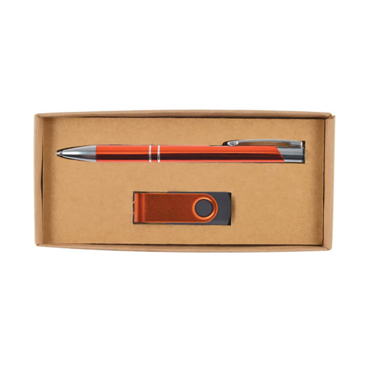 A gift set featuring an orange pen and a USB drive, displayed in a cardboard box.