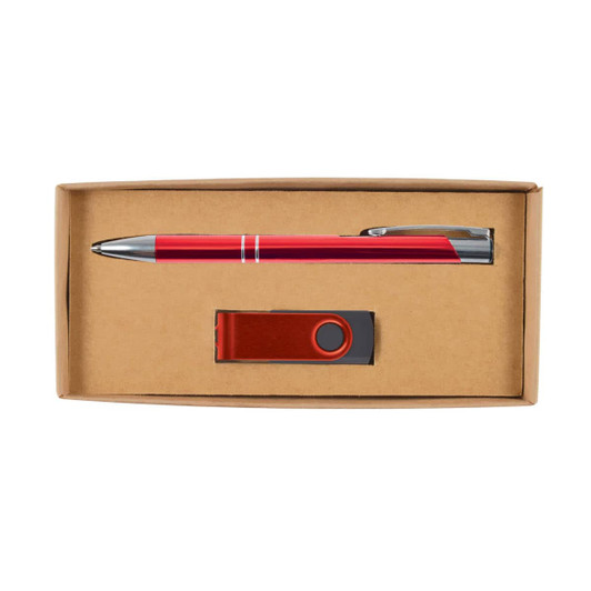 A gift set featuring a red pen and a USB flash drive, packaged in a simple cardboard box.